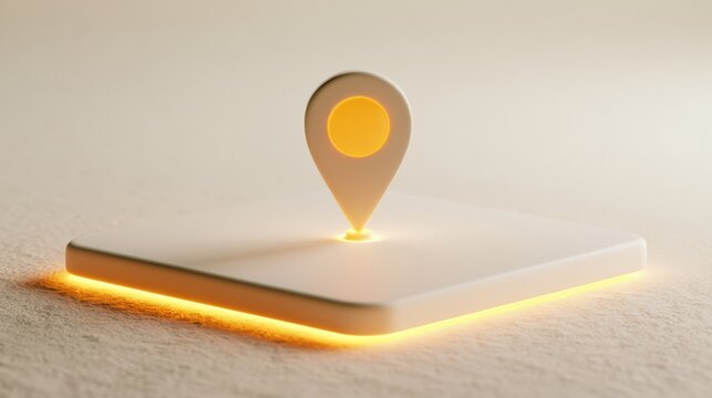 A glowing map pin drops onto a generic parcel marking the delivery destination. The scene highlights bright and clean design elements.