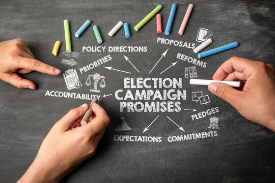 Hands Illustrating ELECTION CAMPAIGN PROMISES with Colorful Chalk on Blackboard