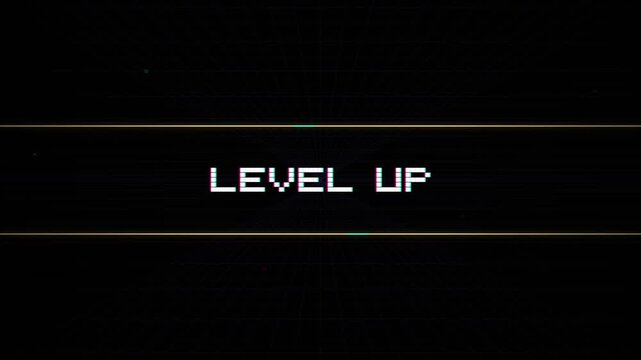 Level up pixel text with glitch effect on dark retro grid background, 8bit arcade video game screen banner illustration 4k video animation