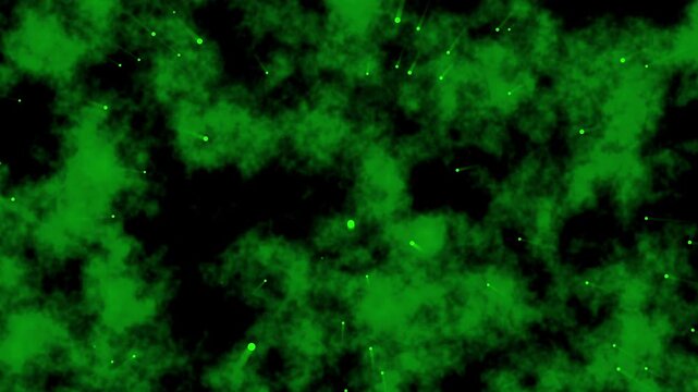 Green nebula animation swirls with glowing particles and light streaks. Cosmic outer space dust clouds drift inside this green nebula. Breathtaking interstellar astronomy views capture the nebula.