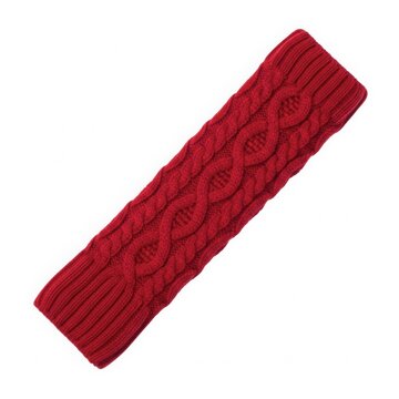 Red cable knit leg warmer with ribbed cuffs isolated on white background
