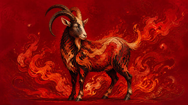 Artistic representation of fire goat surrounded by flames on vivid red background. Fire goat embodies passion and energy with striking colors and dynamic details.