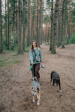 Woman walking two dogs on leashes along a forest trail, illustrating dog walking services, daily pet care, multiple dog ownership and active outdoor lifestyle.