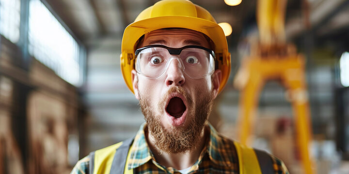 Shocked construction worker with hard hat and safety glasses expressing surprise, wide eyes, and open mouth in an industrial warehouse setting, representing workplace safety, accident, and reaction