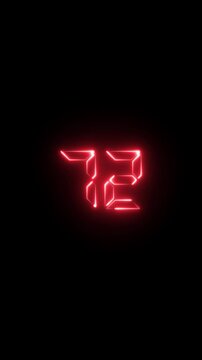 Glowing red digital number 72 neon countdown timer on black background