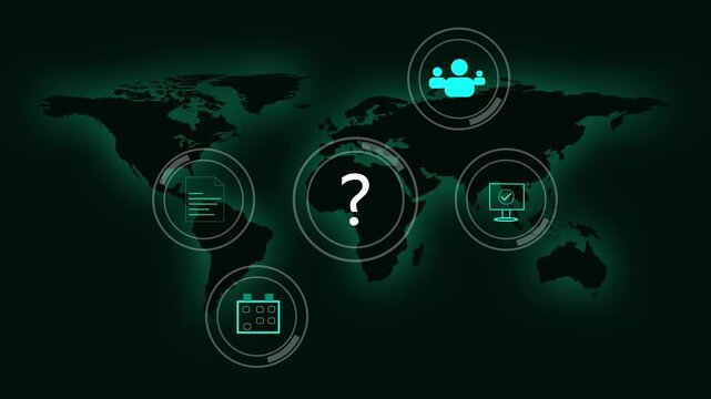 Network of icons animation displays question marks on a world map. Global digital inquiry coordinates track on this network of icons. Worldwide telecommunication research uses the network of icons.