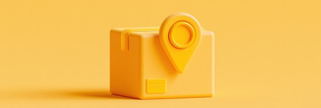 A glowing map pin drops onto a parcel, signifying a delivery location in a bright and clean setting with ample empty space.
