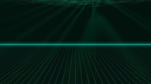 Grid landscape animation moves forward beneath heavenly light rays. Futuristic cyberspace perspective terrain animates the grid landscape. High tech digital matrix visual effects fill the landscape.