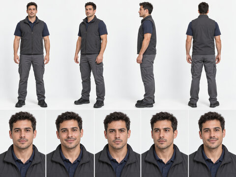 Delivery Worker Character Reference Sheet with Unbranded Courier Uniform Poses