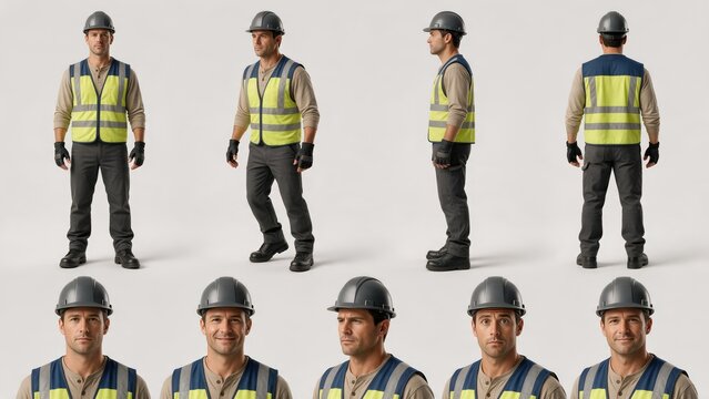 Construction Worker Character Reference Sheet with Safety Gear Poses
