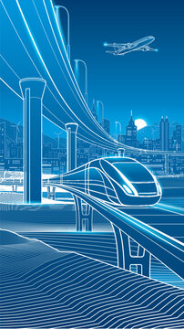 Futuristic high speed train traveling on an elevated railway through a modern smart city. Urban transportation infrastructure with airplane, skyline, mountains and glowing blue line art
