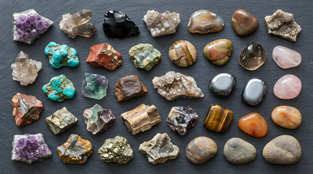Collection of polished and raw mineral specimens on a dark surface