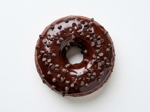 Chocolate glazed donut with mini chips on white background studio lighting