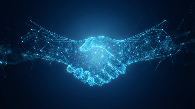 Close-up of two hands shaking with digital wireframe overlay in dark background