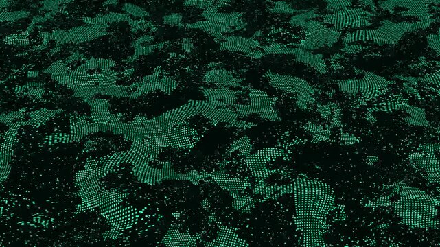 Abstract surface animation displays textured green and black waves. Bumpy organic fluid contour ridges shift across the abstract surface. Moody tactile visual depth defines this dark abstract surface.