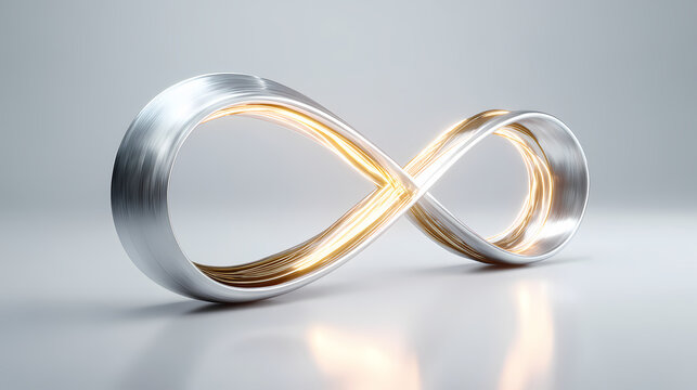 Infinity sign made of brushed metal and a glowing golden inner track stands on a reflective white floor.
