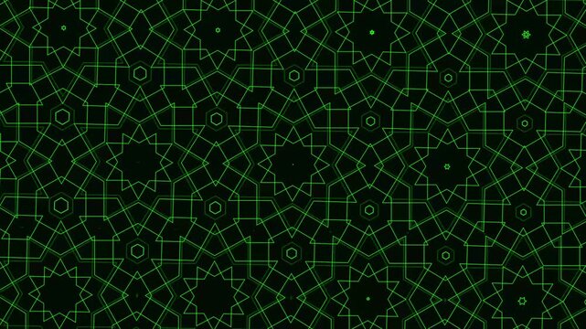 Geometric pattern animation displays interconnected green cyber lines. Digital matrix mesh perspectives move along the geometric pattern. High tech computer network art animates the geometric pattern.