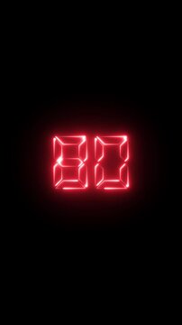 Red neon digital countdown timer 80 seconds, glowing led seven-segment display for motion and broadcast transitions