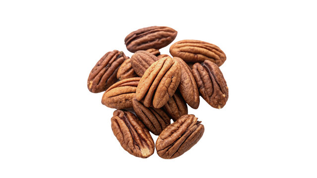 Small pile of organic natural raw pecan nuts isolated on transparent background.