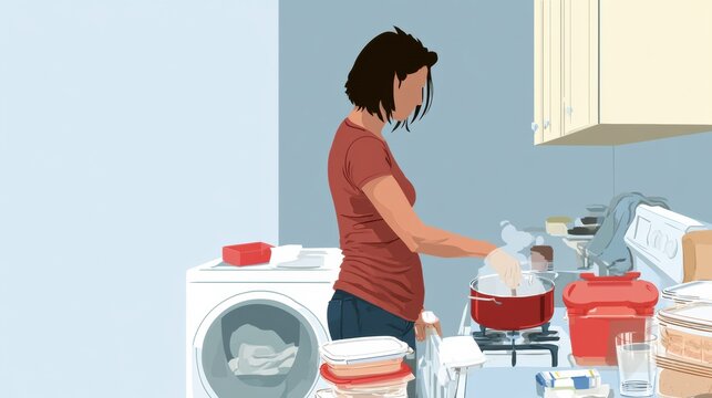 A person organizes meals, monitors laundry, and prepares medicine in a home kitchen while maintaining daily family routines.
