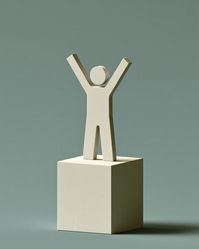 Human figure standing on podium with arms raised to celebrate victory, business concept of success and achievement