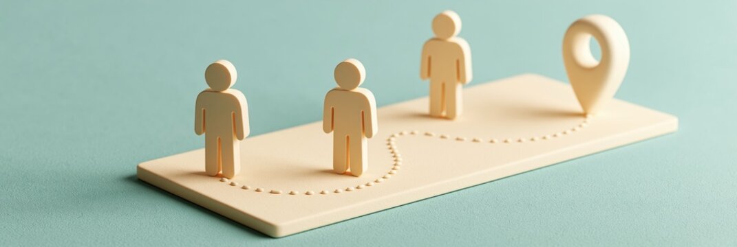 Three stylized figurines standing on path with navigation pin, business journey and strategy concept