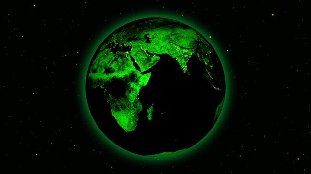 Earth from space animation glows with green city lights and stars. Deep cosmic starfields frame the scenic view of Earth from space. Breathtaking planetary night skies capture Earth from space.