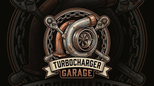 Turbocharger garage emblem with crossed wrenches on a dark background
