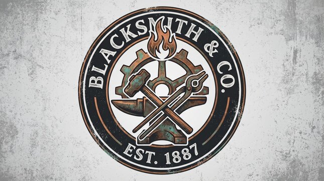 Vintage blacksmith logo featuring an anvil and hammer on a textured background