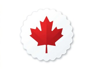 Obraz premium Red maple leaf emblem on scalloped white circle background with natural light