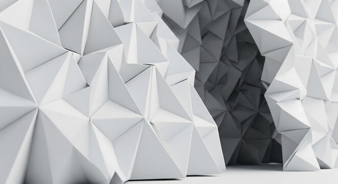 Abstract atmospheric composition of a kinetic origami tessellation facade in matte pristine white