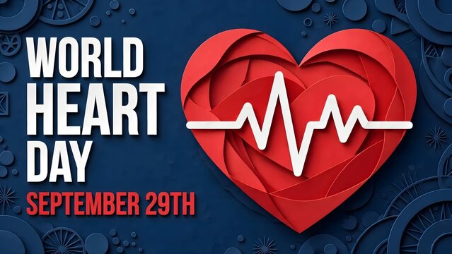 Emblem of World Heart Day with image of red heart on dark background. Medical sign on 29th of September. Vector illustration.
