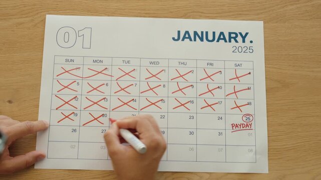 Close-up of a person crossing off calendar days while counting down to a marked payday, representing salary anticipation, personal finance and monthly income.