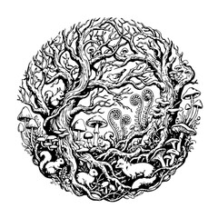 Fototapeta premium Circular forest ecosystem illustration with trees mushrooms and animals