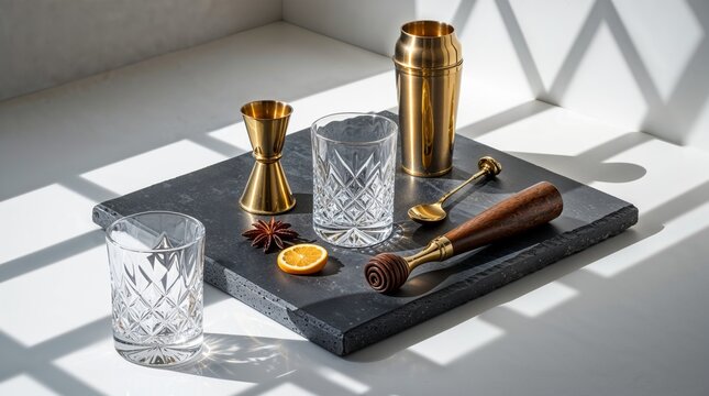 Luxury mixology barware set with brass cocktail shaker crystal glasses and walnut muddler on white background