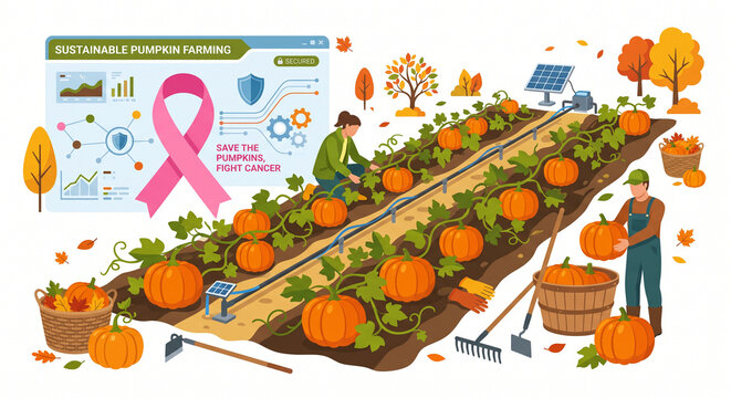 A farmer tends to a vibrant pumpkin patch featuring irrigation systems and solar panels.