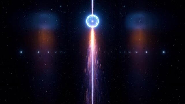 深宇宙で光の球体が垂直ラインに沿って光子噴射で上昇するCG背景