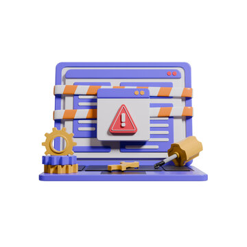 Perspective Front View Laptop with Warning Sign, Gears, and Tools 3D Render Illustration Representing an Under-Maintenance Website