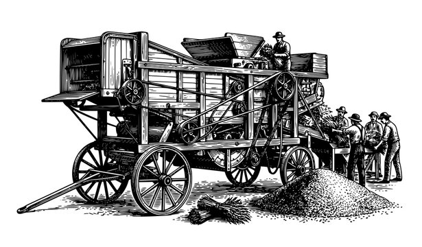 Vintage Threshing Machine Agricultural Field Engraving