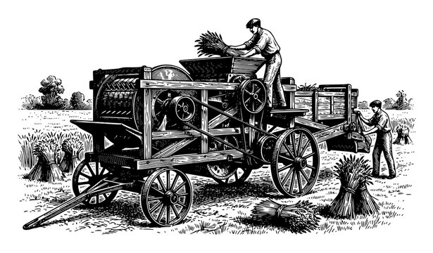 Vintage Threshing Machine Harvest Field Illustration