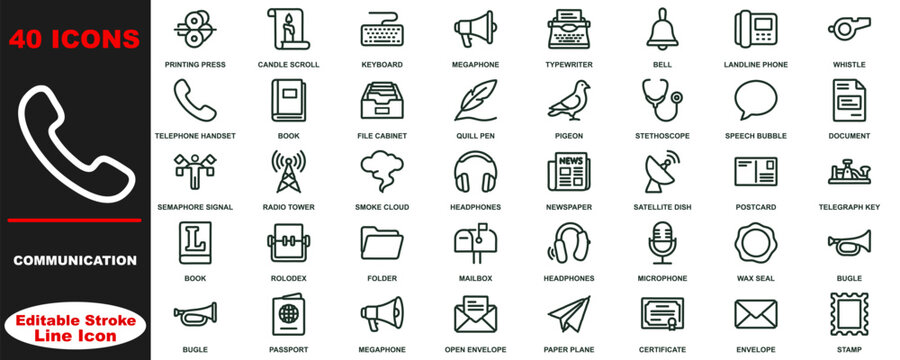 Communication and connectivity line icons set featuring digital and traditional messaging tools for modern interface layouts.