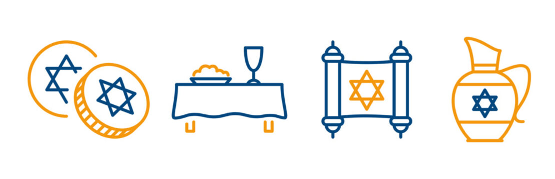 Hanukkah coins, traditional Jewish food, scroll with torah, jug of olive oil for the Hanukkah ritual, outline icon set