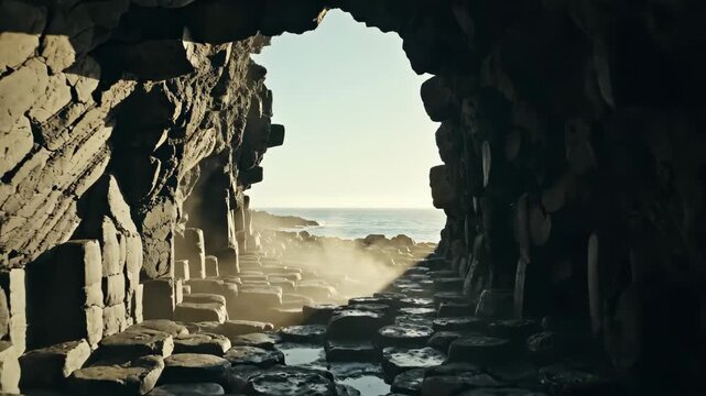 Inside a dim volcanic basalt tunnel, irregular stone columns and wet rock paving lead toward a glowing ocean opening filled with pale coastal haze and soft backlit marine atmosphere beyond the rocks.