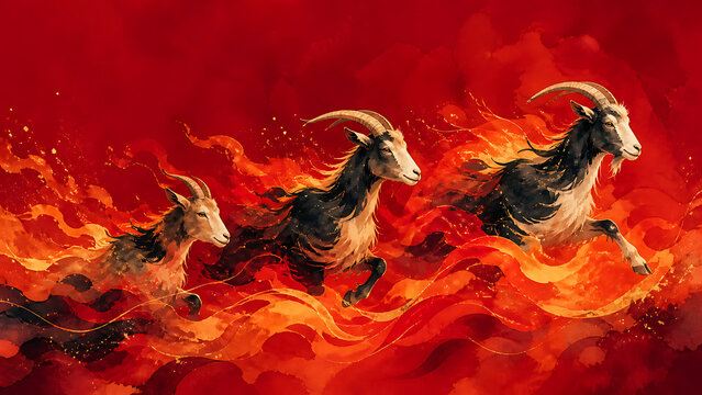 Three goats in fiery motion with vibrant flames creating a magical atmosphere. Goats express energy and determination while running through intense red hues.