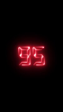 Glowing red digital number 95 neon countdown timer on black background, ninety-five