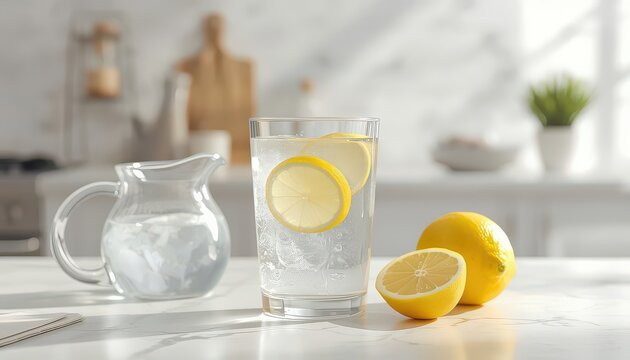Fresh lemon water served in a tall glass with ice and citrus slices sits on a marble kitchen counter alongside a glass pitcher.