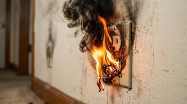 A close up view showing the destructive danger of an electric burn as flames and black smoke erupt from a wall power outlet with melted wiring and scorched drywall damage