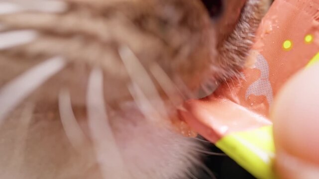 Close Up Cat Licking a Liquid Treat From Orange Pouch, Showing Gentle Pet Care and Feeding