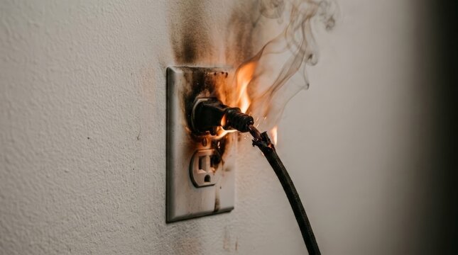 A close up view of an electrical socket experiencing an electric burn with black smoke and fire, showing a damaged plug and frayed wire against a white wall, underscoring the outlet