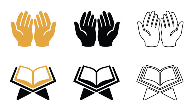 Collection of prayer hands and quran book vector flat icons